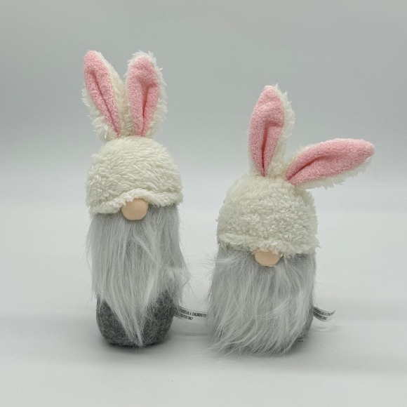 Set of 2 Plush Easter Bunny Gnomes Gray White Pink 8” New - Picture 1 of 8
